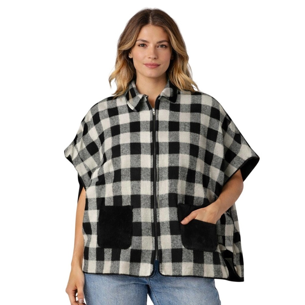 Marcus Adler Black White Buffalo Plaid‎ Zip Front Poncho Cape  Fur Pockets OSFM